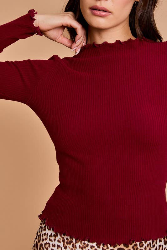 Long Sleeve Lettuce Hem Mock Neck Top - Milly's Boutique