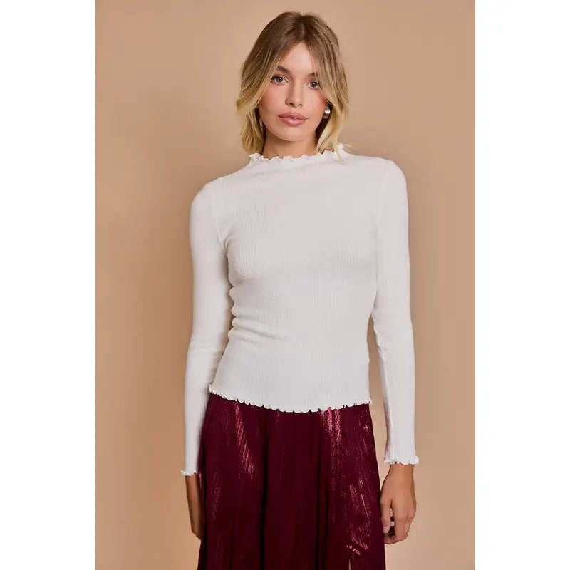 Long Sleeve Lettuce Hem Mock Neck Top - Milly's Boutique