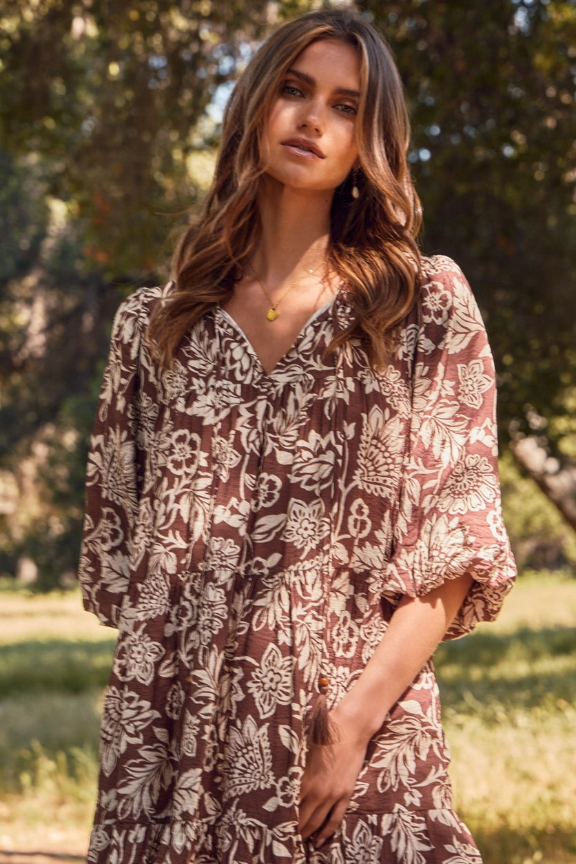Paisley Boho Printed Baby Doll Dress-MOCHA - Milly's Boutique