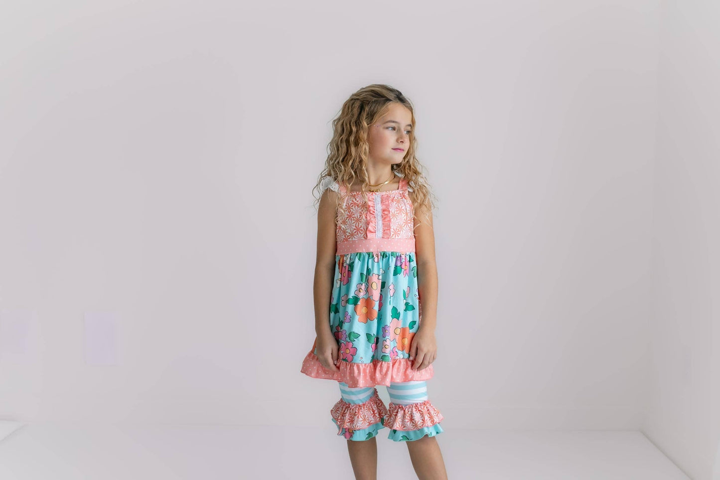Peach & Teal Floral Stripe Ruffle Lace Pocket Capri Set - Milly's Boutique