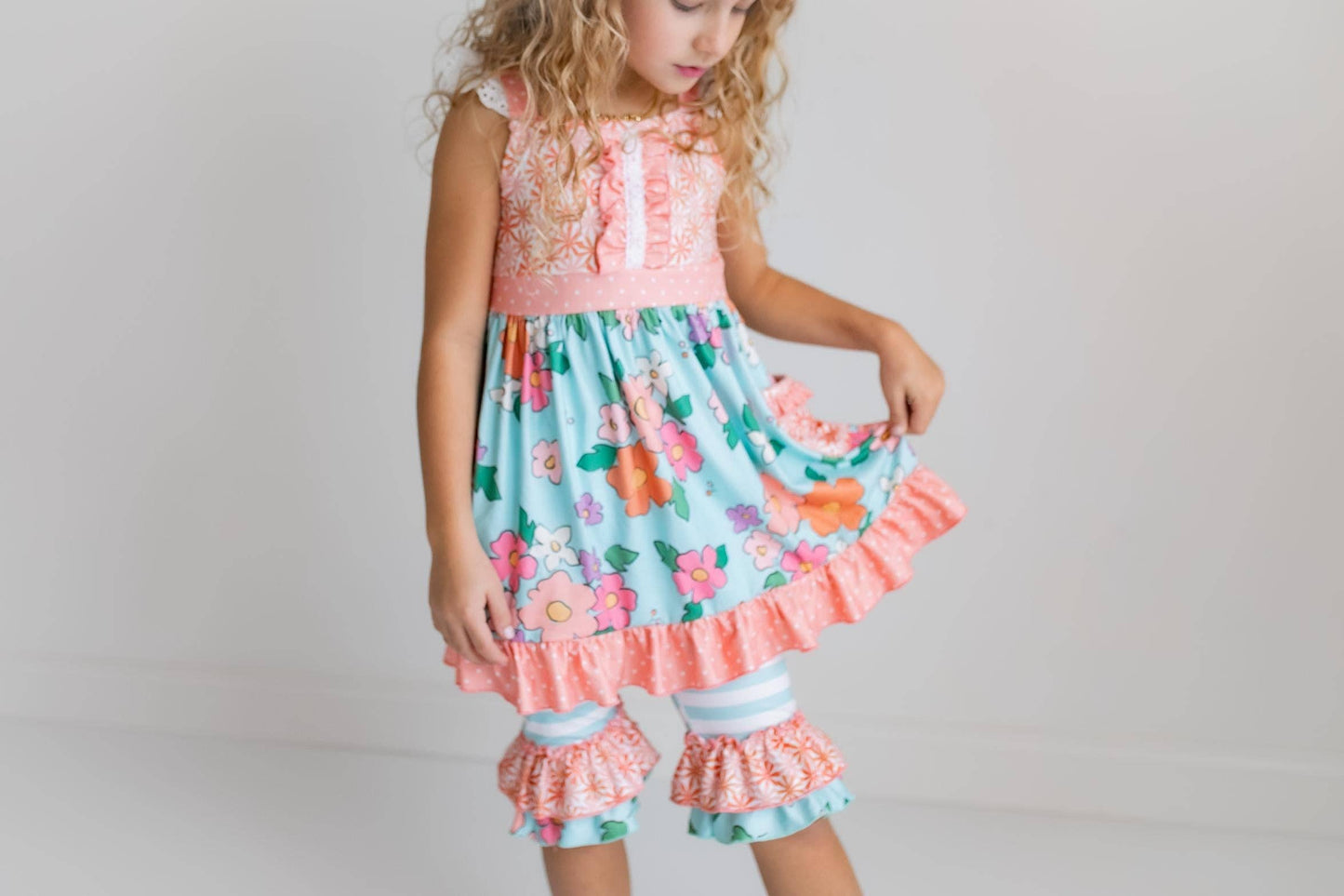 Peach & Teal Floral Stripe Ruffle Lace Pocket Capri Set - Milly's Boutique