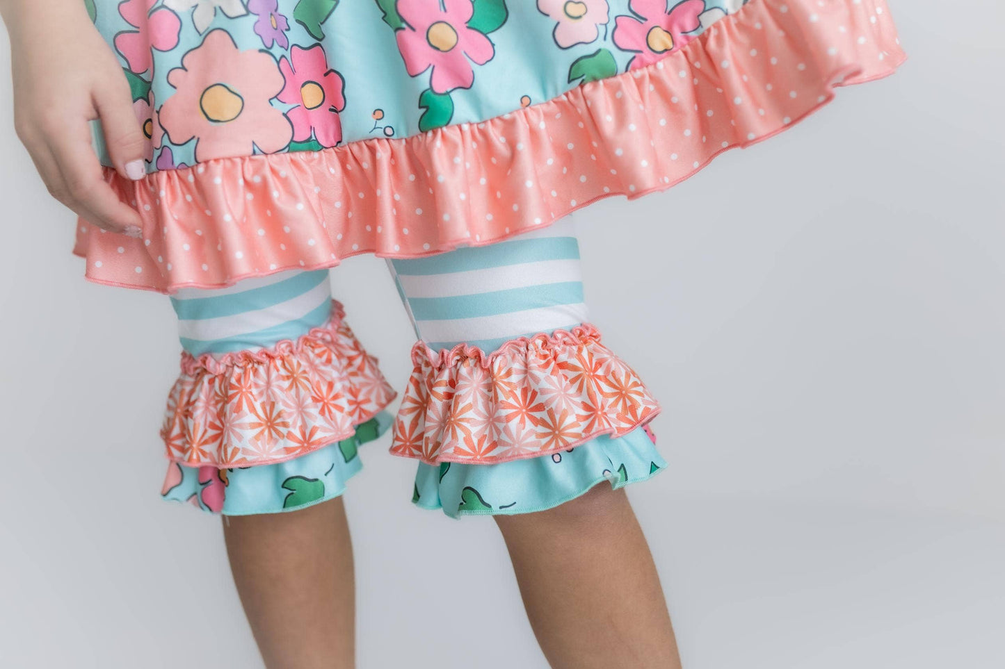Peach & Teal Floral Stripe Ruffle Lace Pocket Capri Set - Milly's Boutique