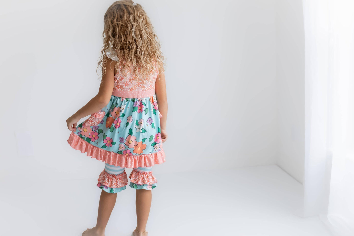 Peach & Teal Floral Stripe Ruffle Lace Pocket Capri Set - Milly's Boutique