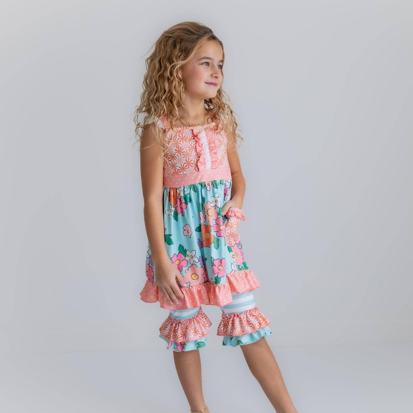 Peach & Teal Floral Stripe Ruffle Lace Pocket Capri Set - Milly's Boutique