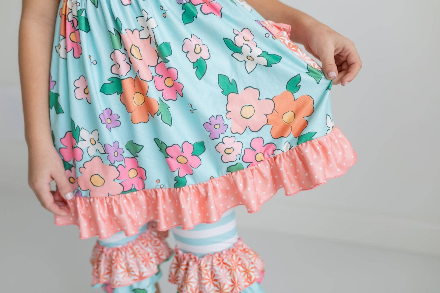 Peach & Teal Floral Stripe Ruffle Lace Pocket Capri Set - Milly's Boutique