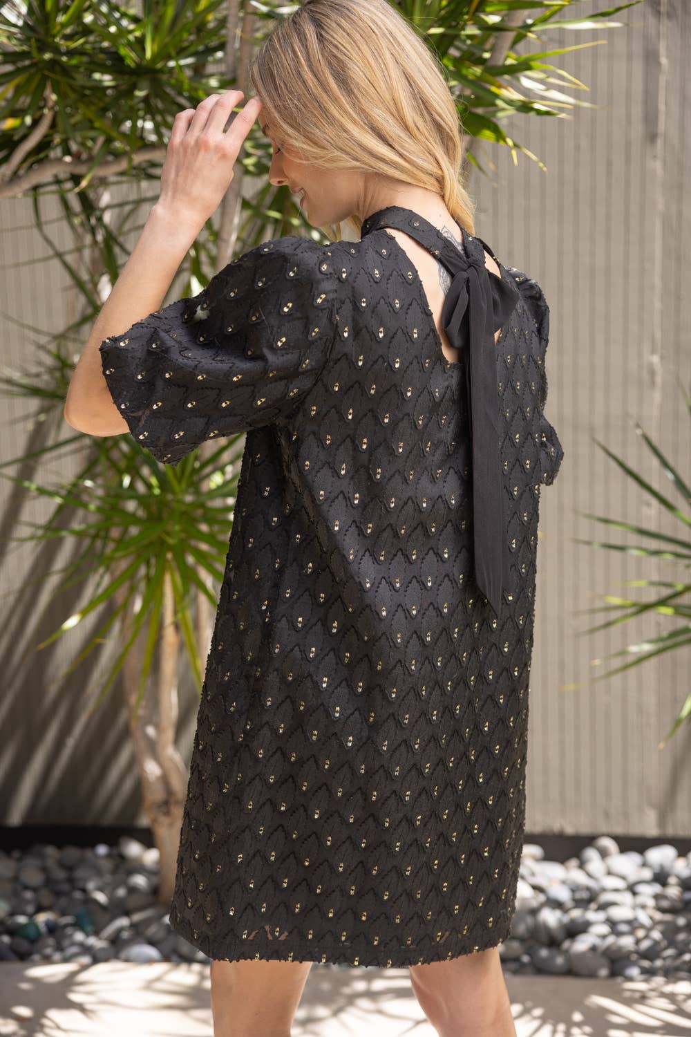 The Gold Feather Textured Bubble Sleeve Dress - Milly's Boutique
