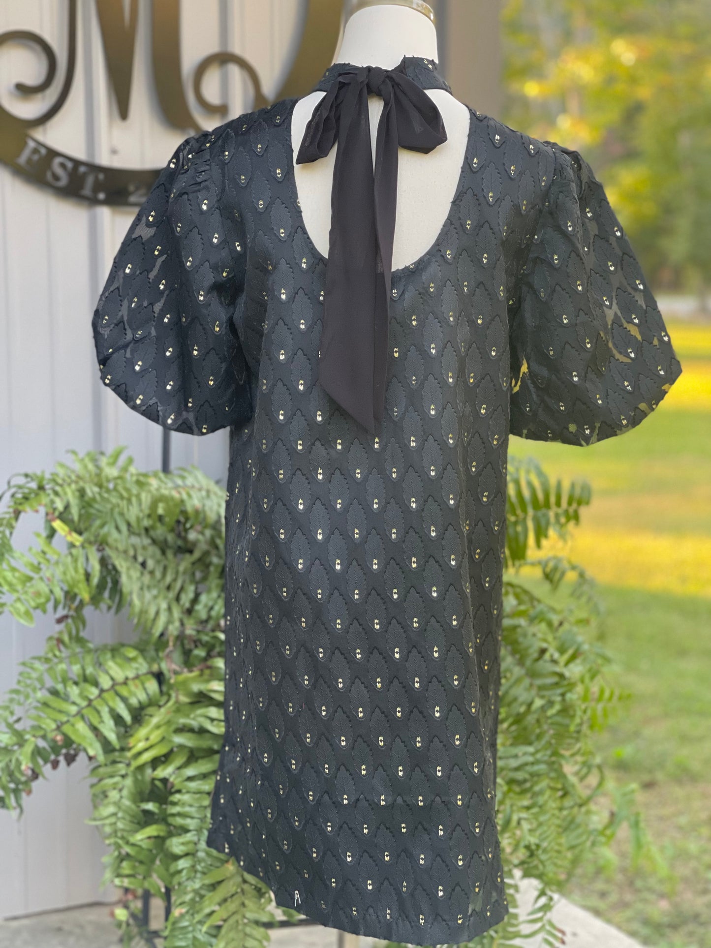 The Gold Feather Textured Bubble Sleeve Dress - Milly's Boutique