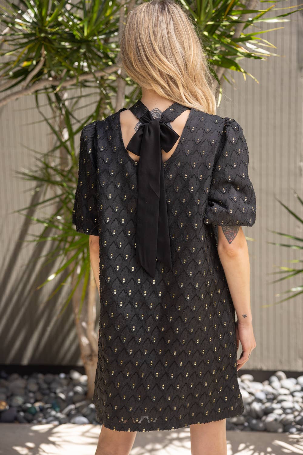 The Gold Feather Textured Bubble Sleeve Dress - Milly's Boutique