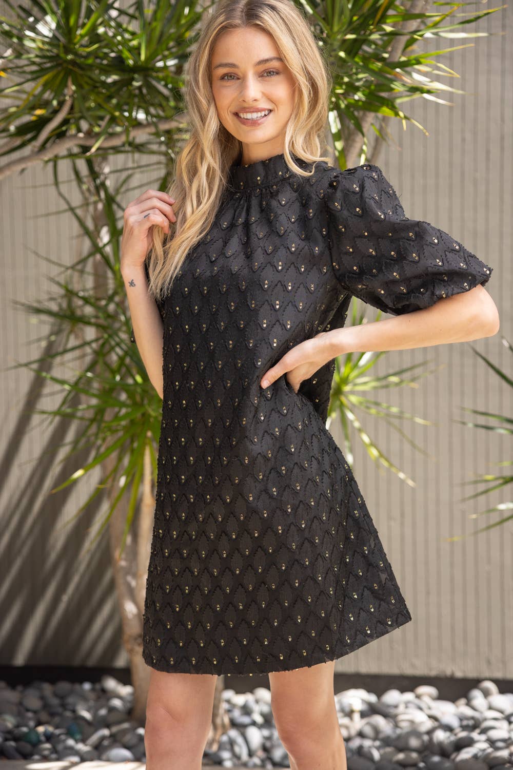 The Gold Feather Textured Bubble Sleeve Dress - Milly's Boutique