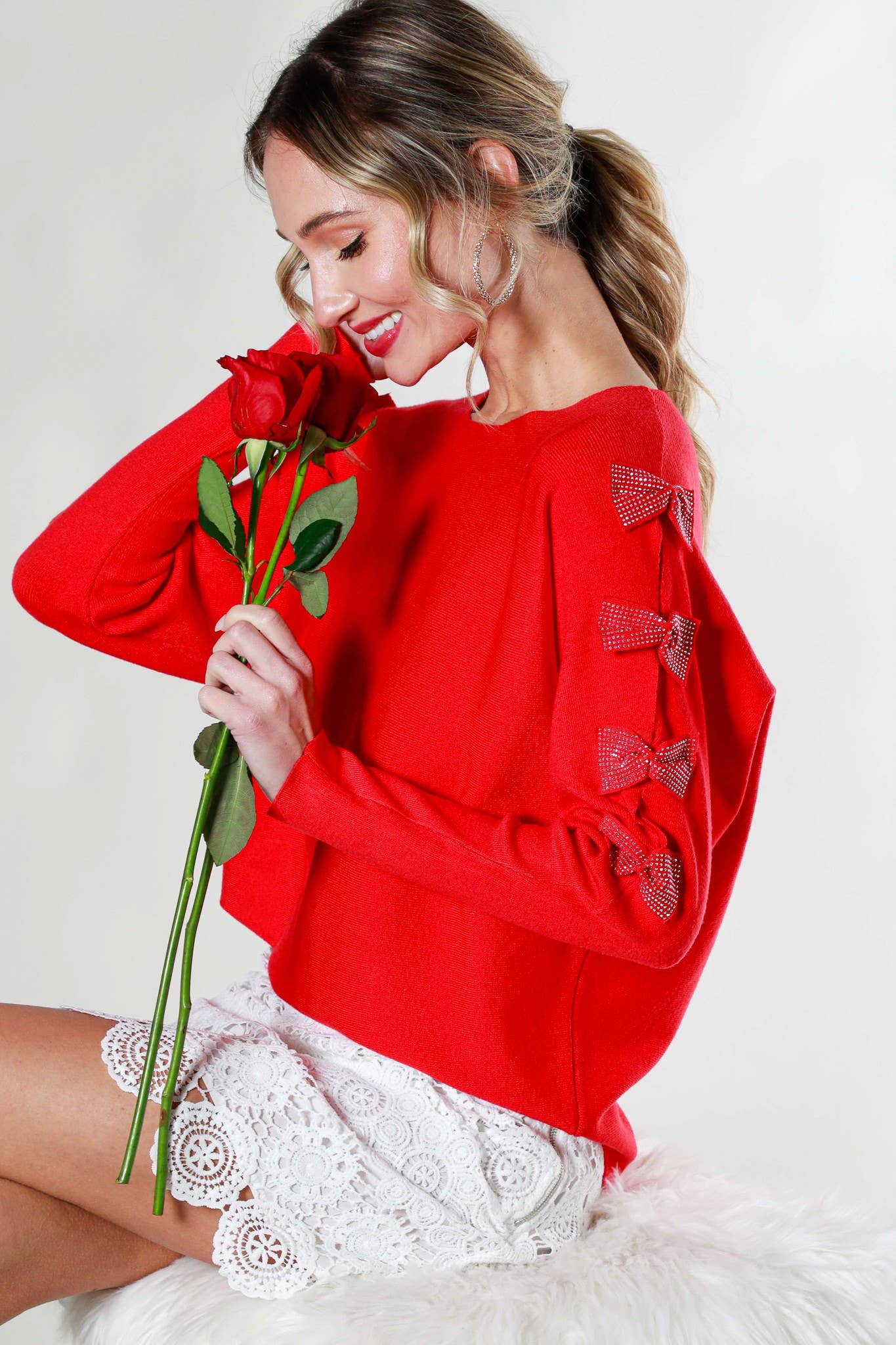 The Rhinestone Bow Detail Sweater - Milly's Boutique
