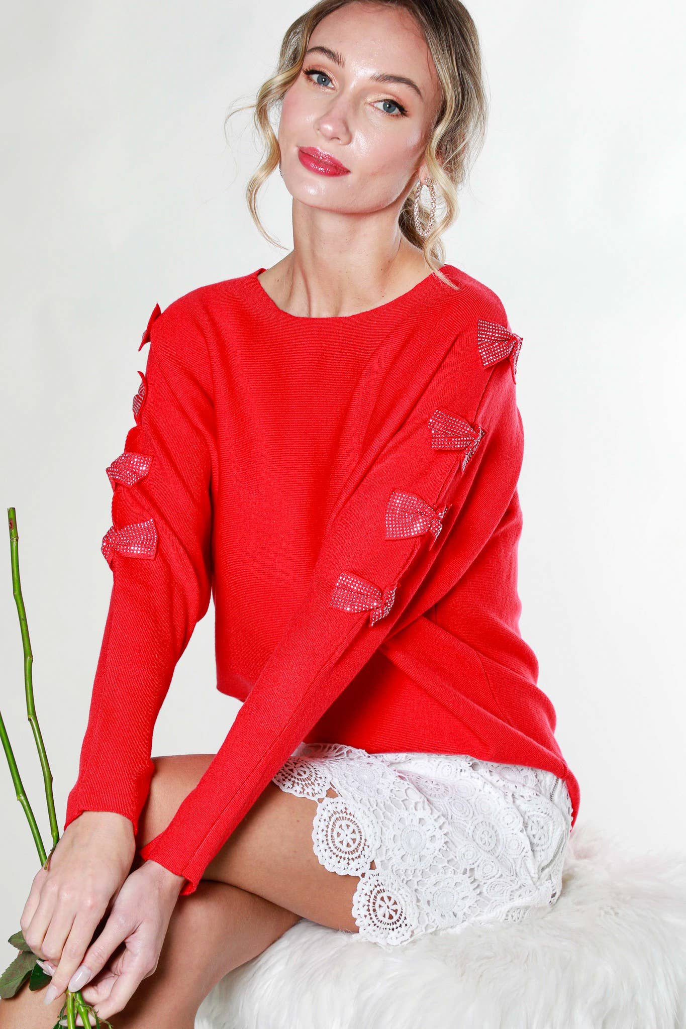 The Rhinestone Bow Detail Sweater - Milly's Boutique