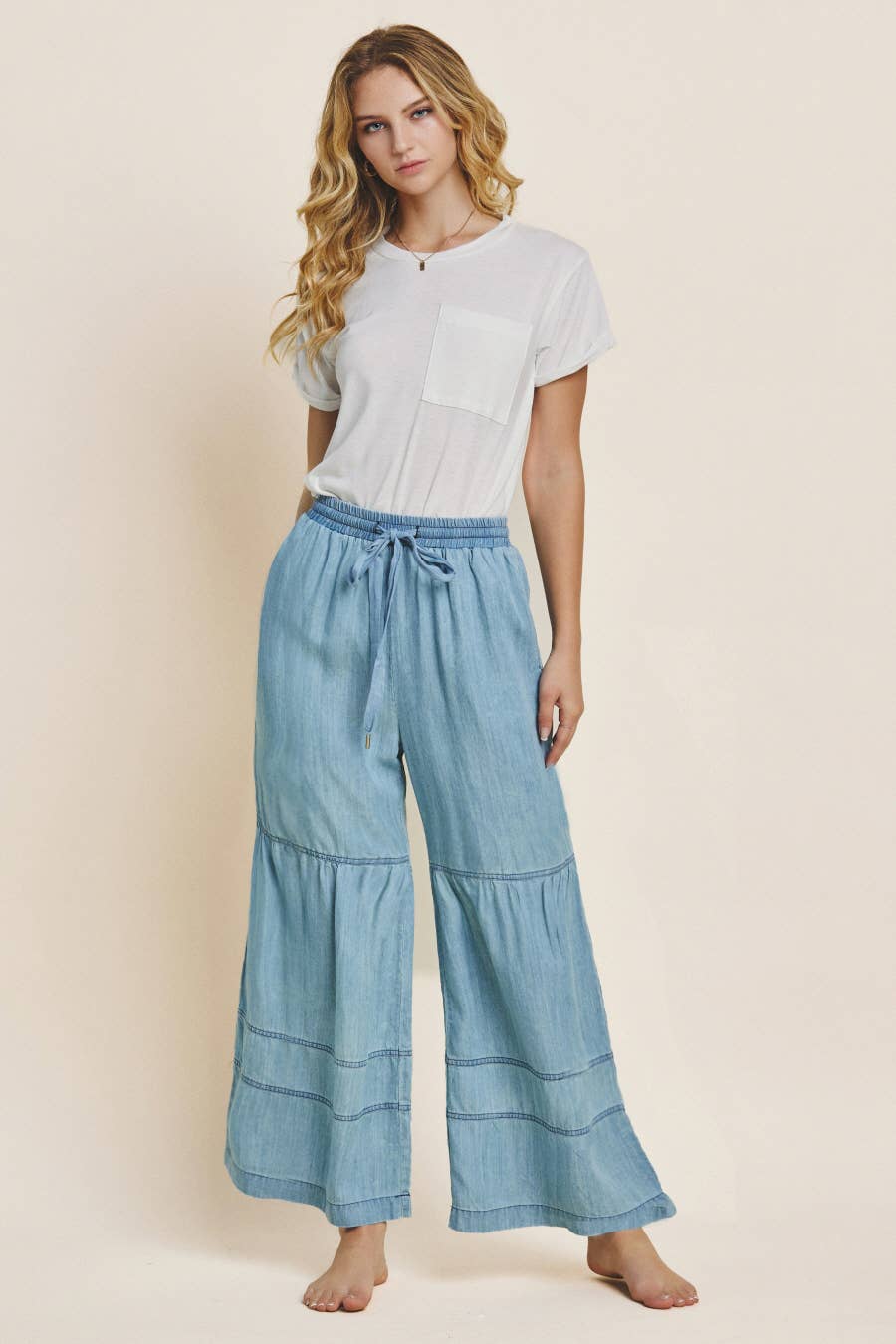 Washed Denim Tiered Wide Leg Pants - Milly's Boutique