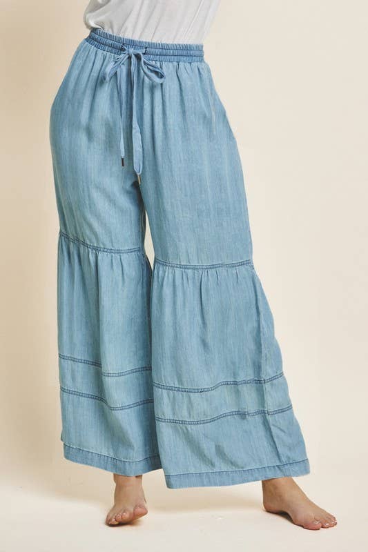 Washed Denim Tiered Wide Leg Pants - Milly's Boutique
