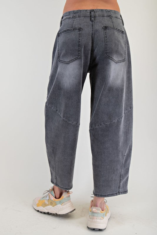 Washed Flower Patch Black Denim Barrel Pants - Milly's Boutique