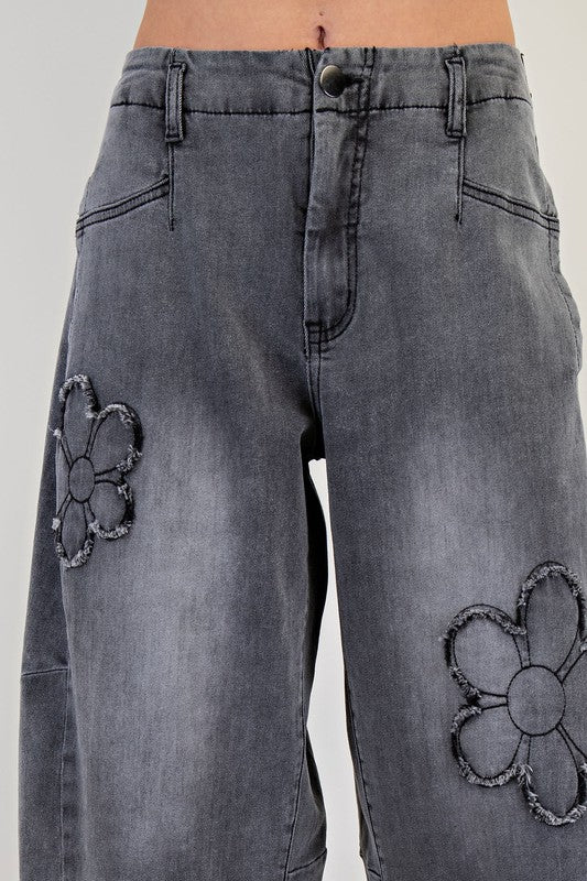 Washed Flower Patch Black Denim Barrel Pants - Milly's Boutique