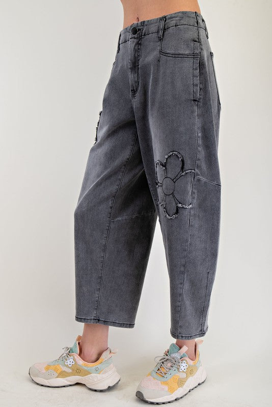 Washed Flower Patch Black Denim Barrel Pants - Milly's Boutique