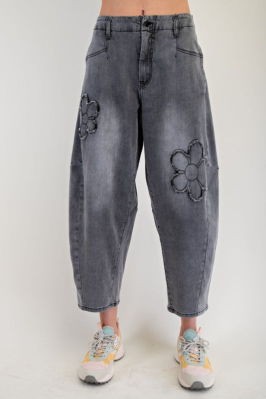 Washed Flower Patch Black Denim Barrel Pants - Milly's Boutique