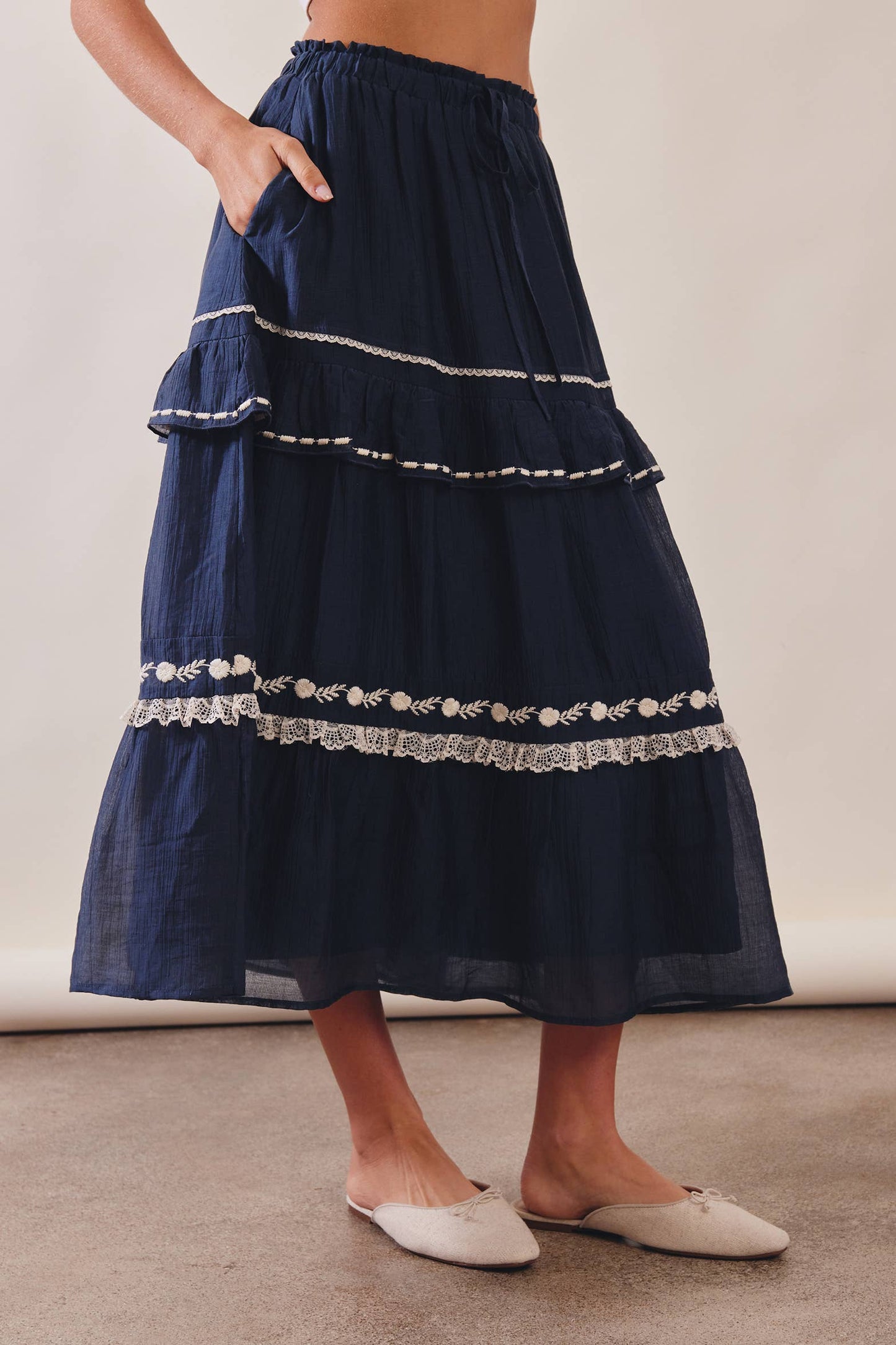 The Lace Trimmed Embroidered Tiered Maxi Skirt