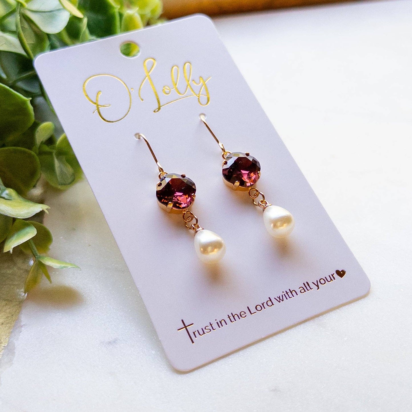 Maroon Crystal Heart & Pearl Drop Earrings