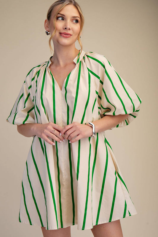 Riza Puff-Sleeve Stripe Swing Shift Dress