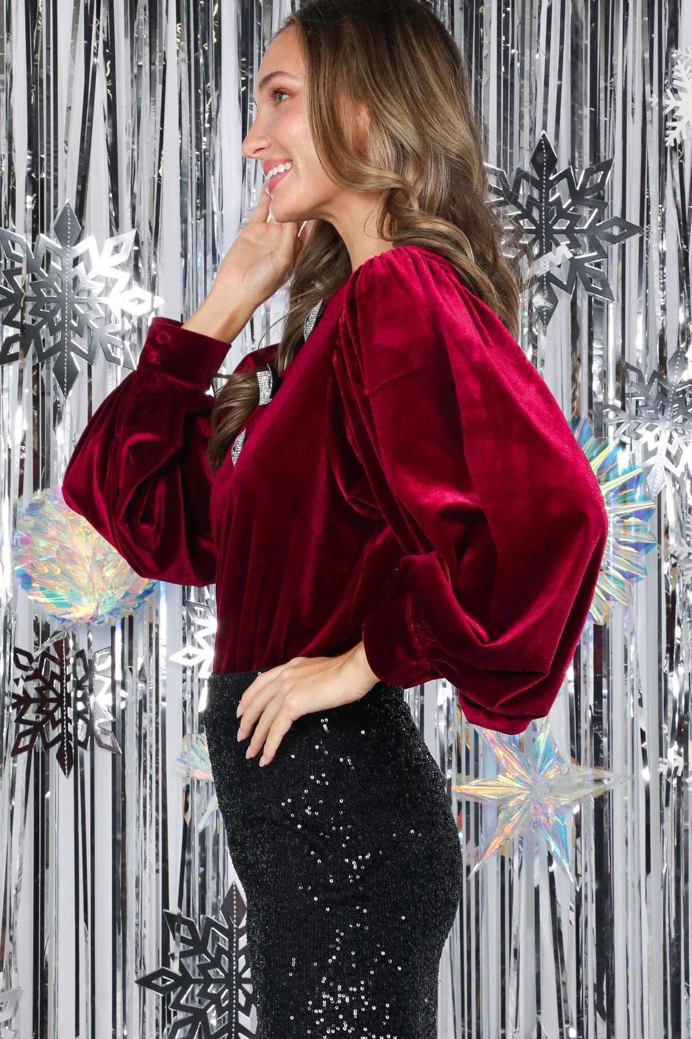 Sequin Bow Accent Velvet Blouse