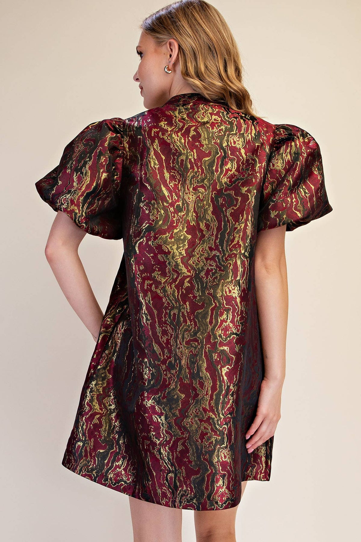 Metallic Jacquard Puff Sleeve Dress