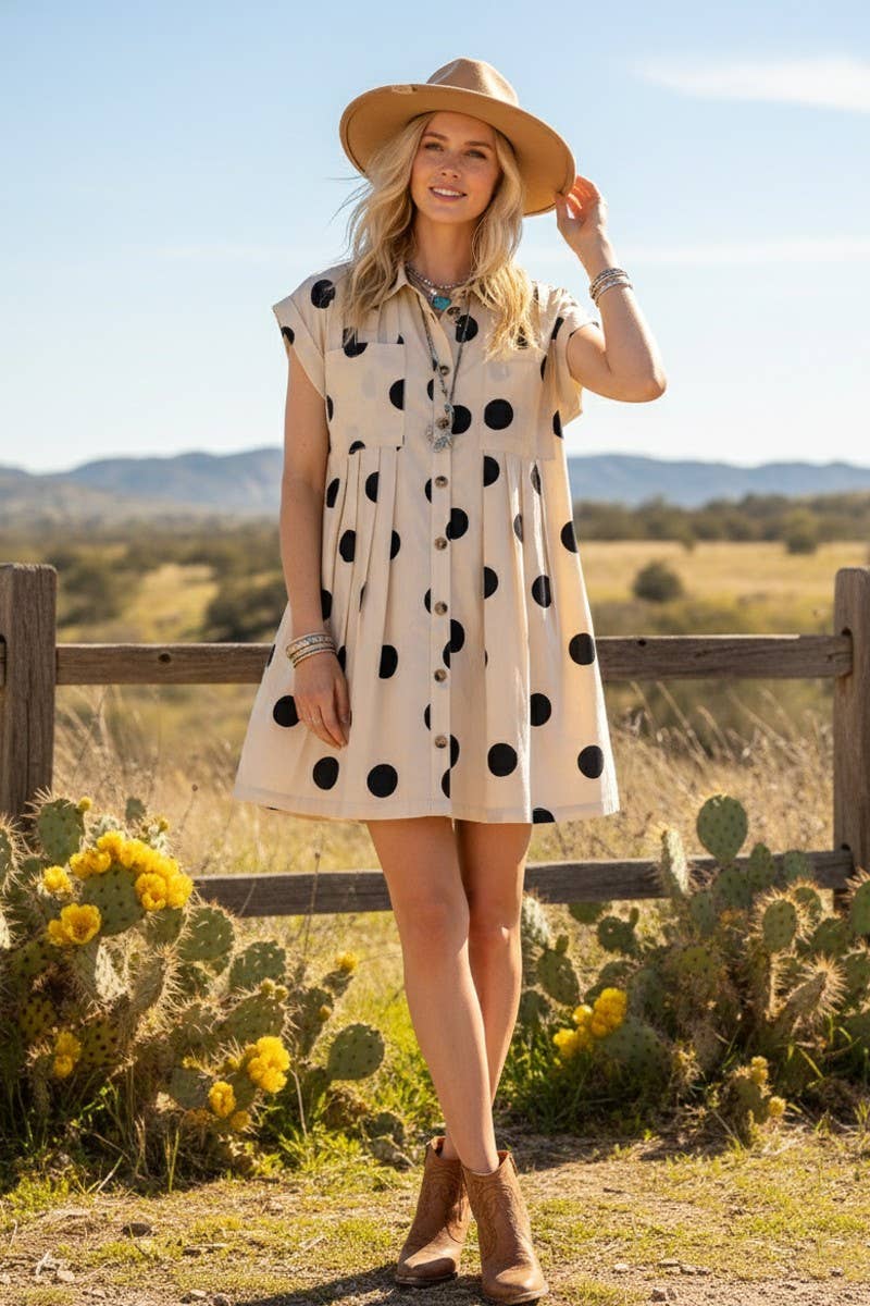 Polka Dot Button Down Pleated Poplin Dress