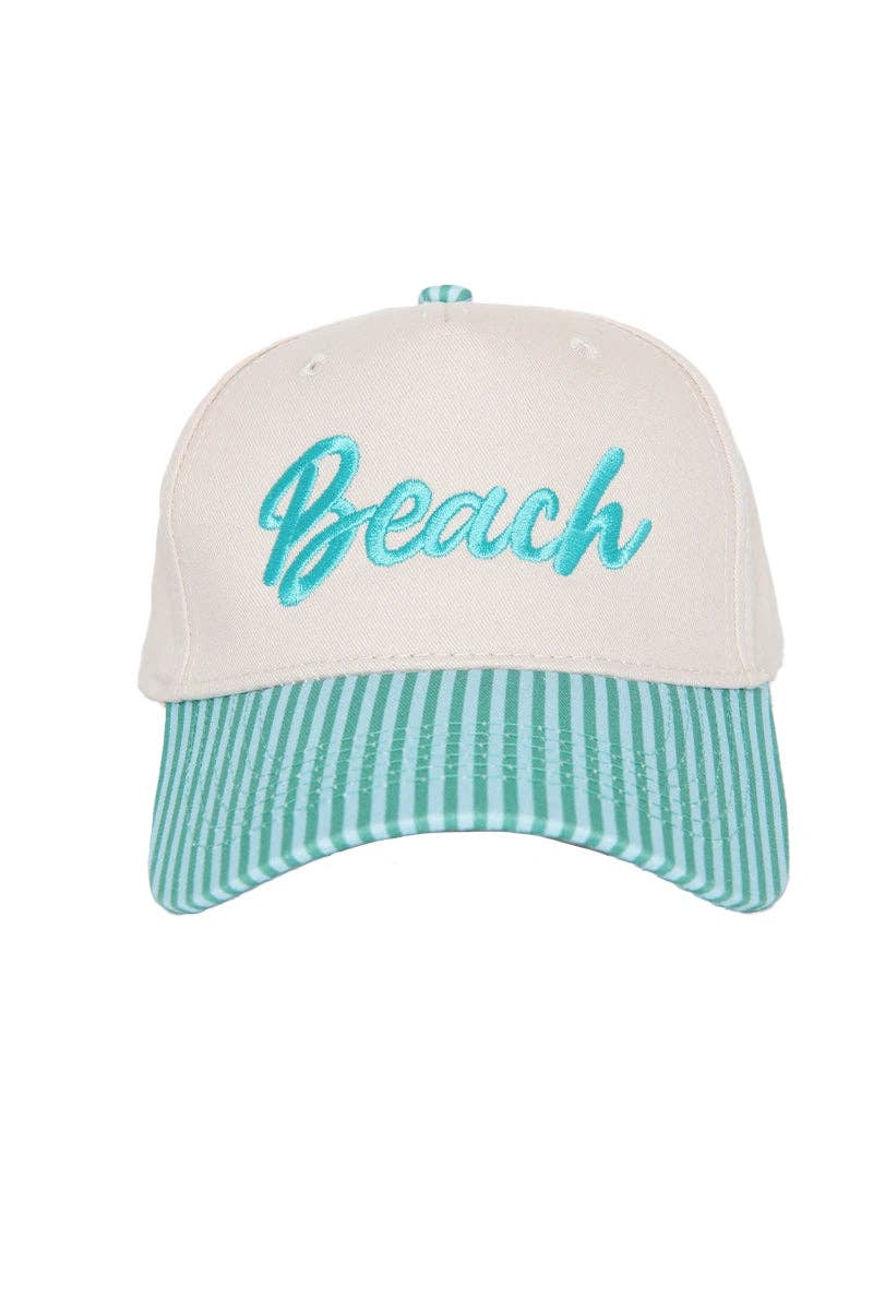 Beach Cursive Two-Toned Trucker Hats: Aqua and Green Striped