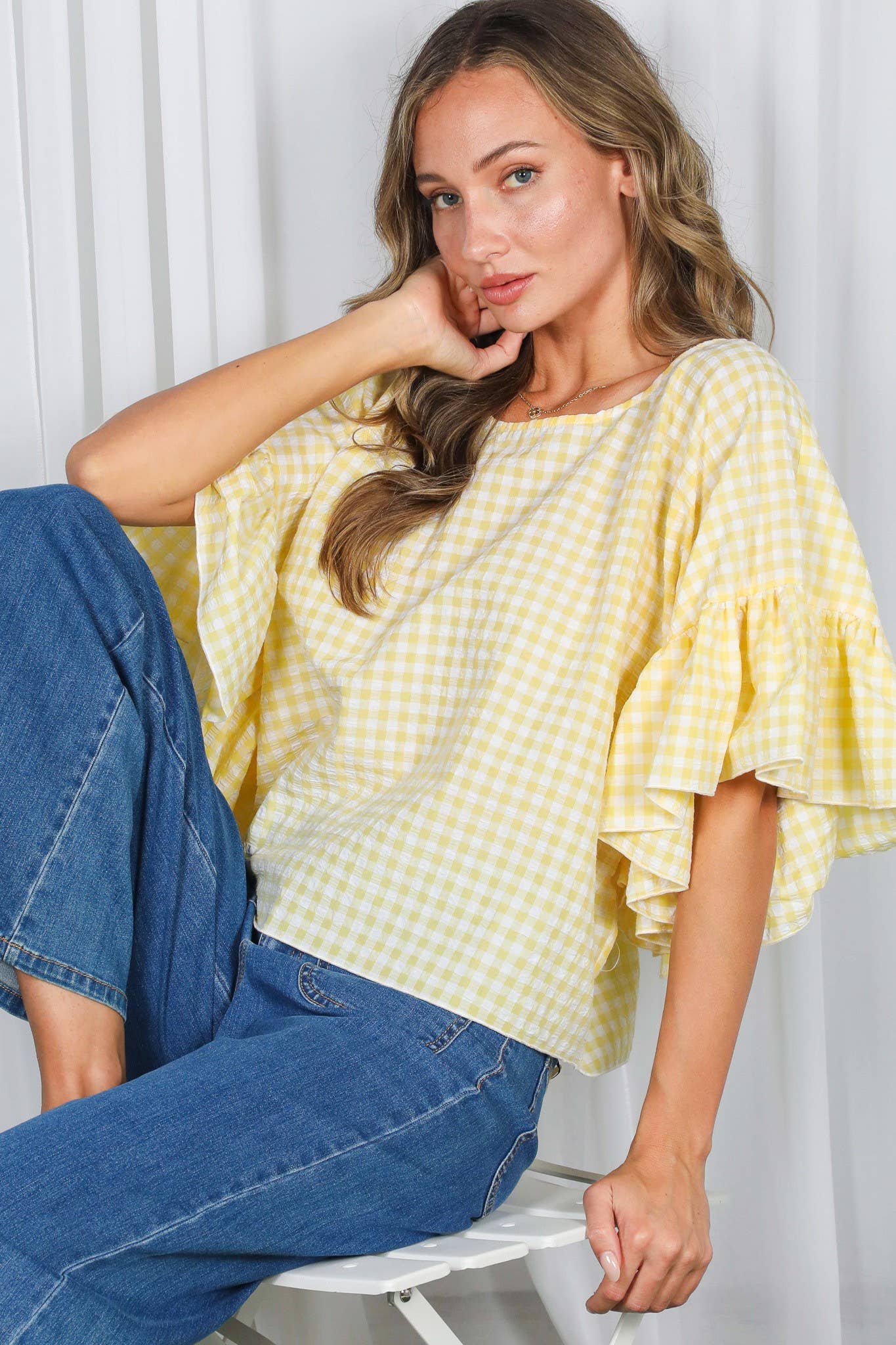 Ruffle Sleeve Flowy Gingham Top