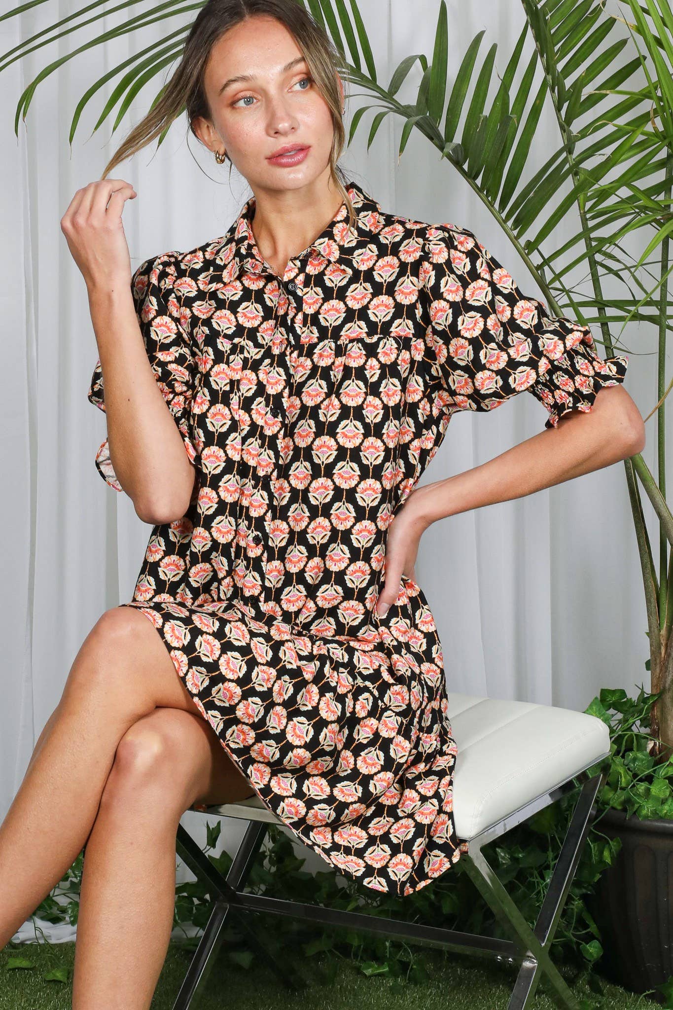 Floral Geo Smocked Ruffled Shirt Dress