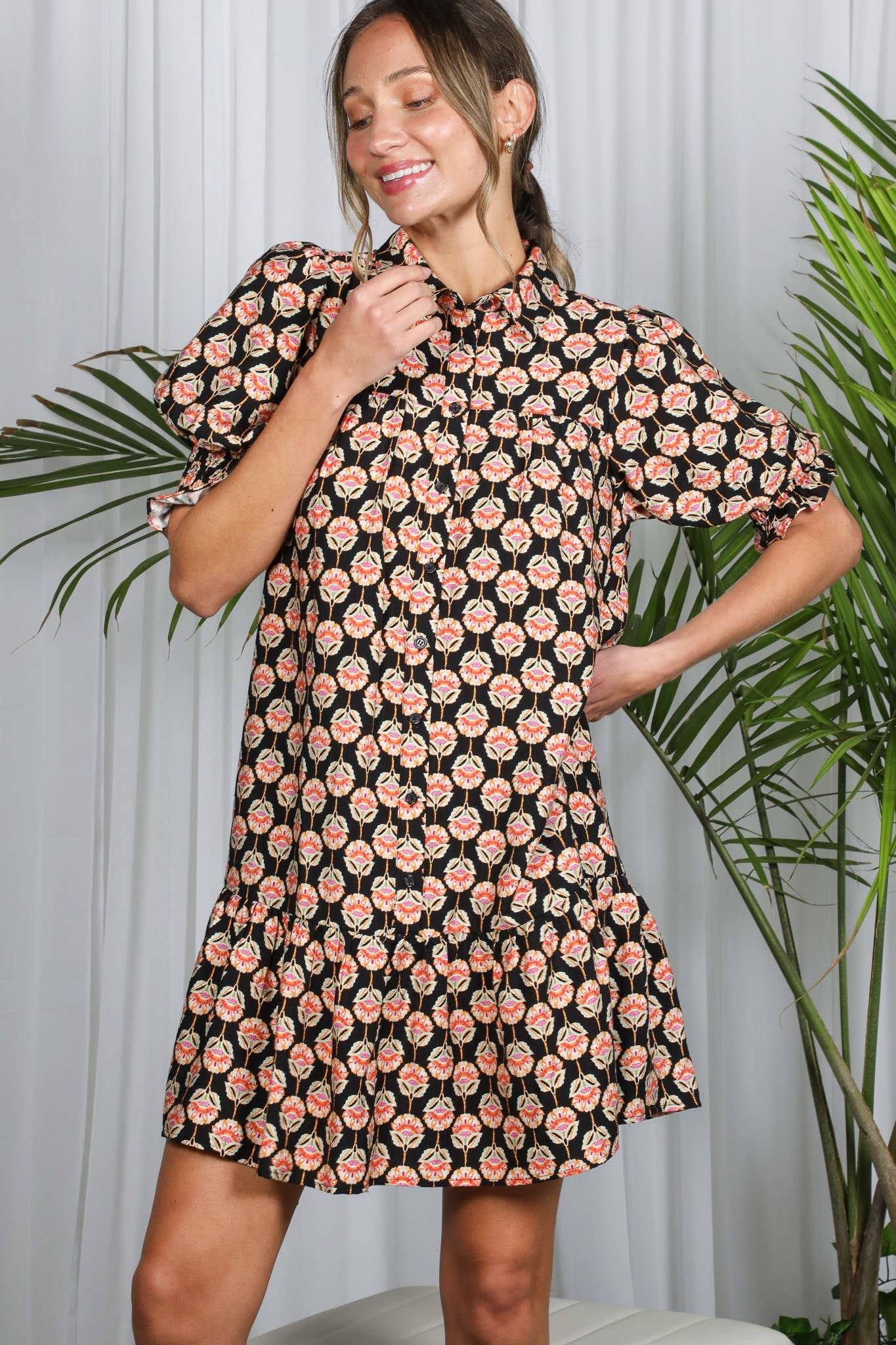 Floral Geo Smocked Ruffled Shirt Dress