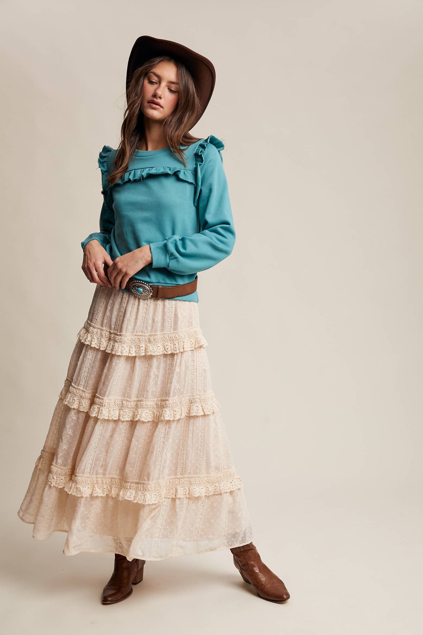 Embroidered Lace Tiered Maxi Skirt