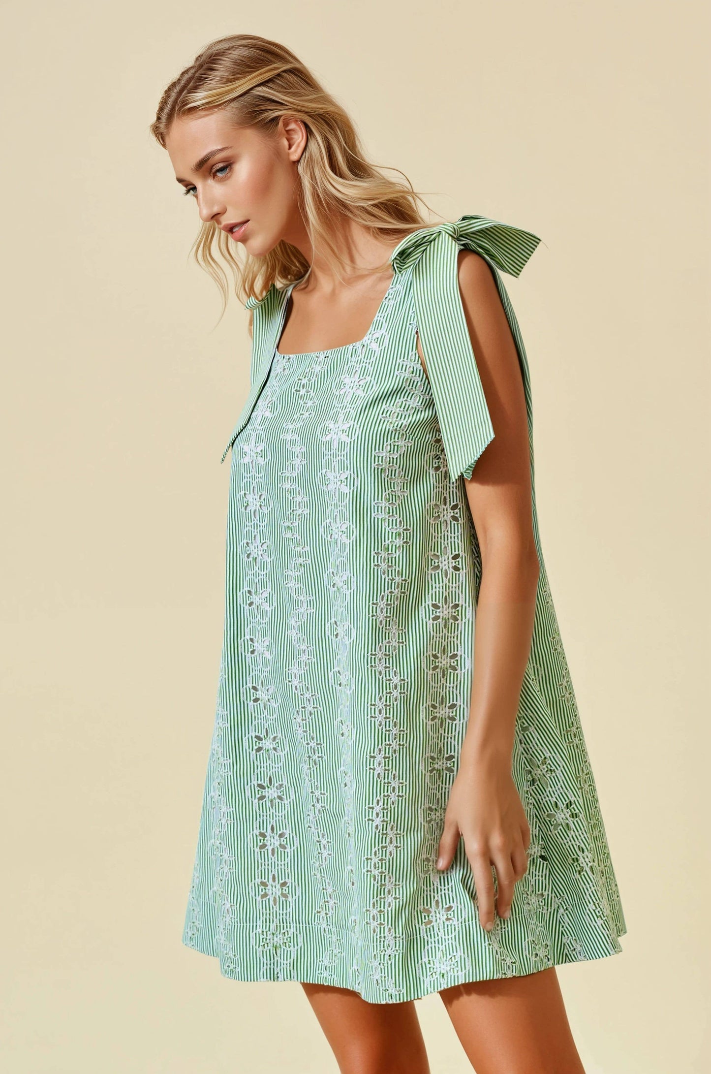 Jenna Striped Eyelet Tie Shoulder Dress
