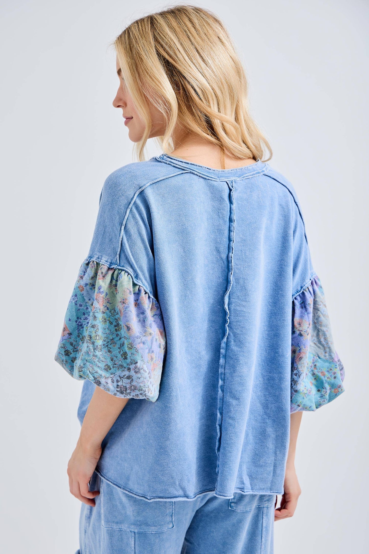 Mineral Washed Boho Patch Sleeve Top