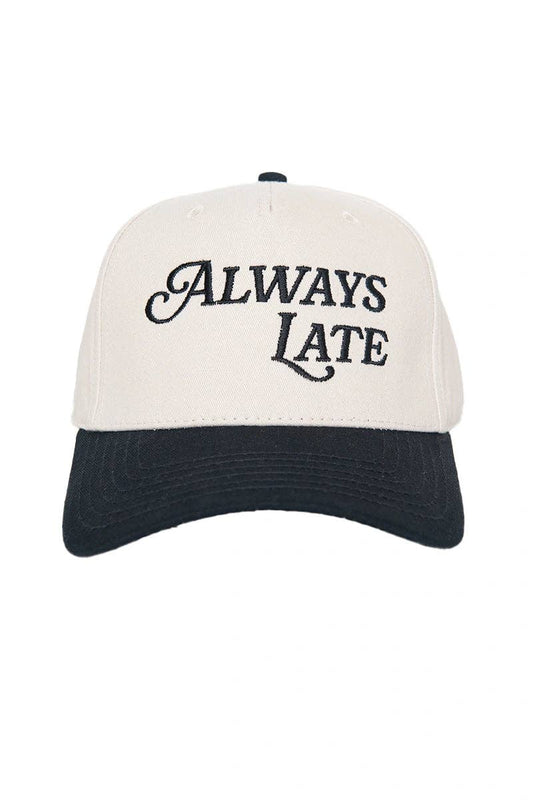 Always Late Vintage Style Trucker Hats: Black and Tan