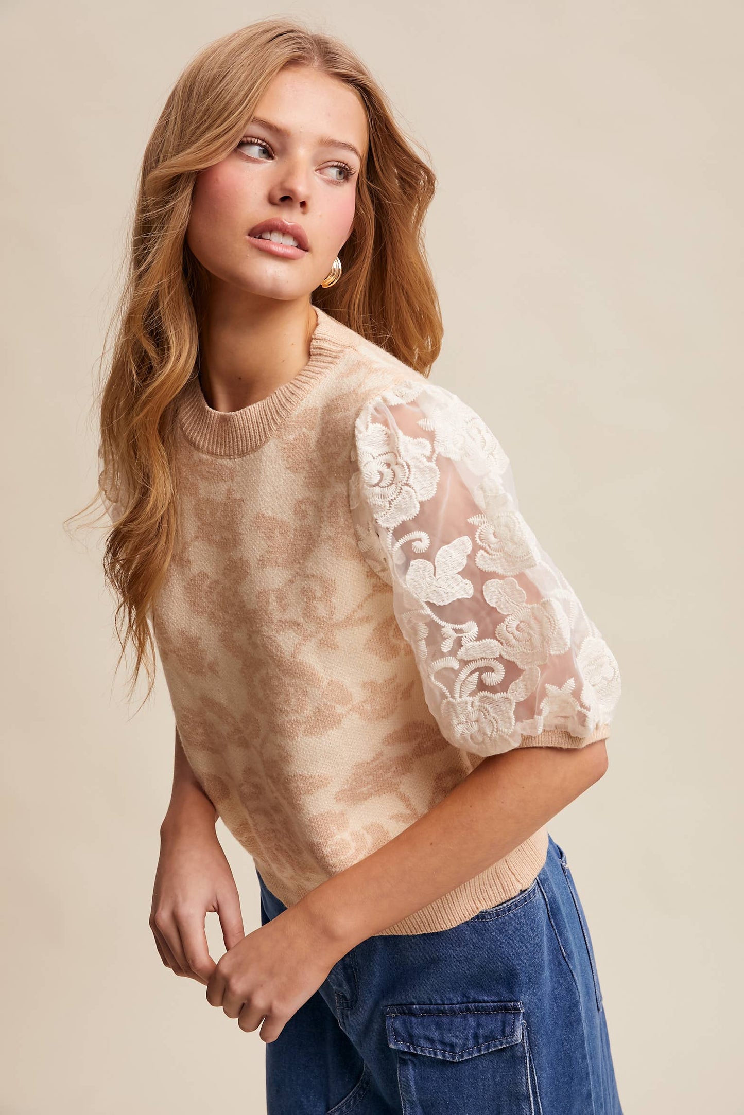 Rose Embroidered Contrast Knit Top