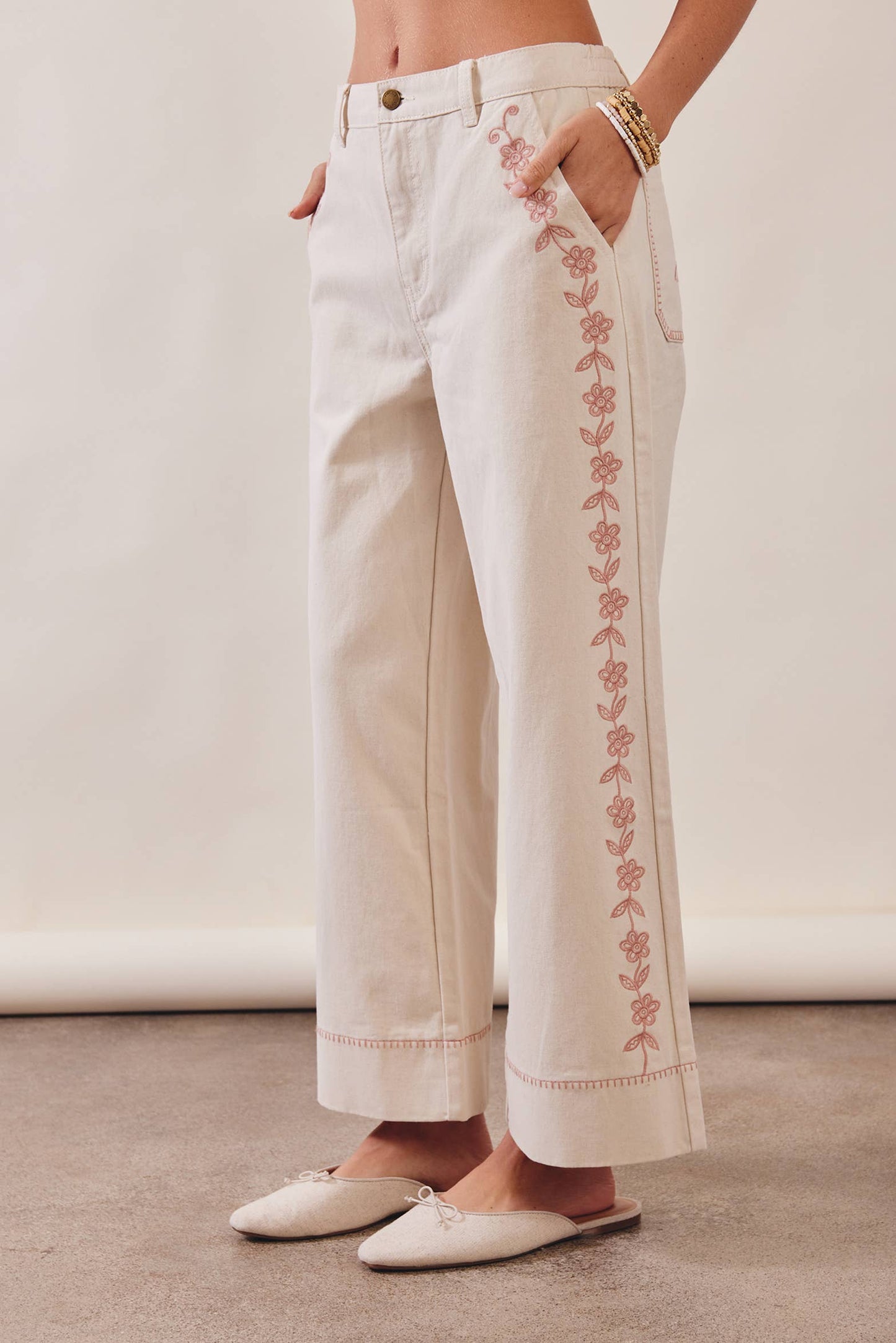 Floral Embroidered Cropped Pants