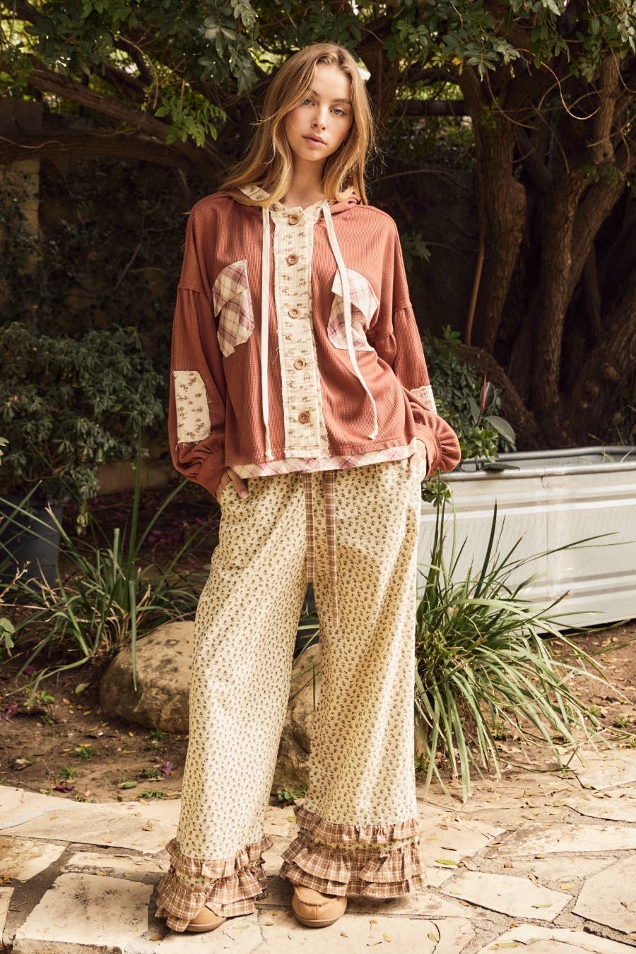 Vintage Floral Print Wide Ruffle Leg Pants