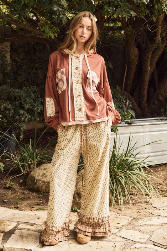 Vintage Floral Print Wide Ruffle Leg Pants