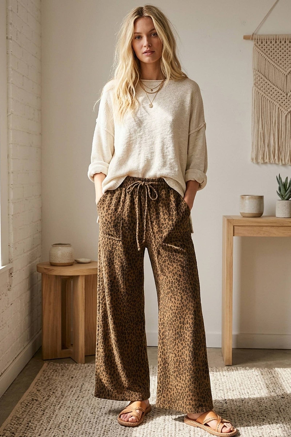 Leopard Wide Leg Drawstring Pants