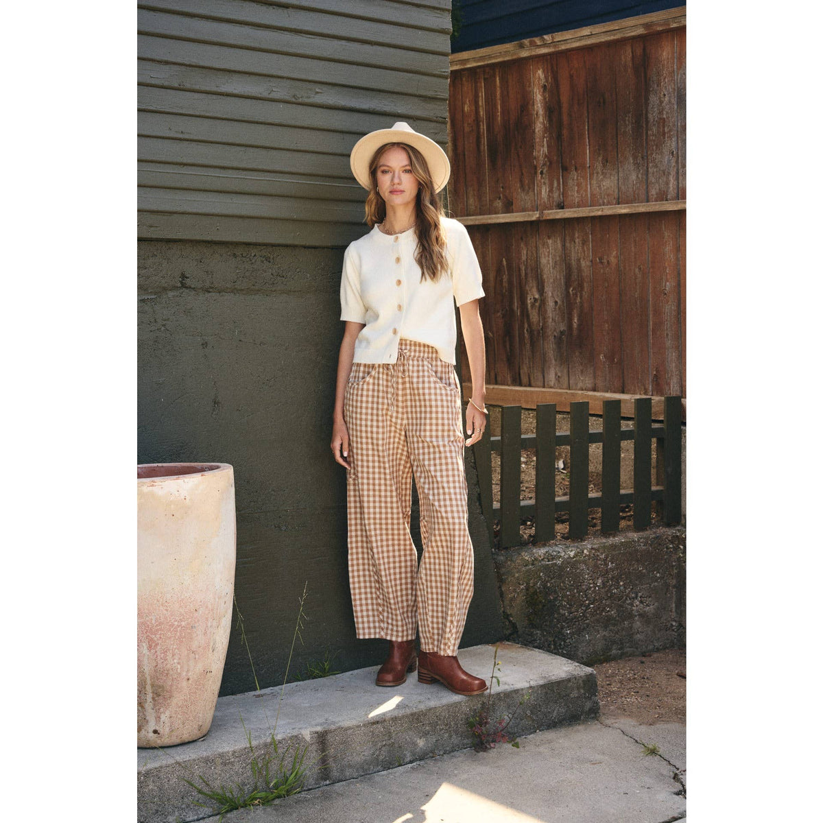 Easy Day Relaxed Gingham Cotton Barrel Leg Pants