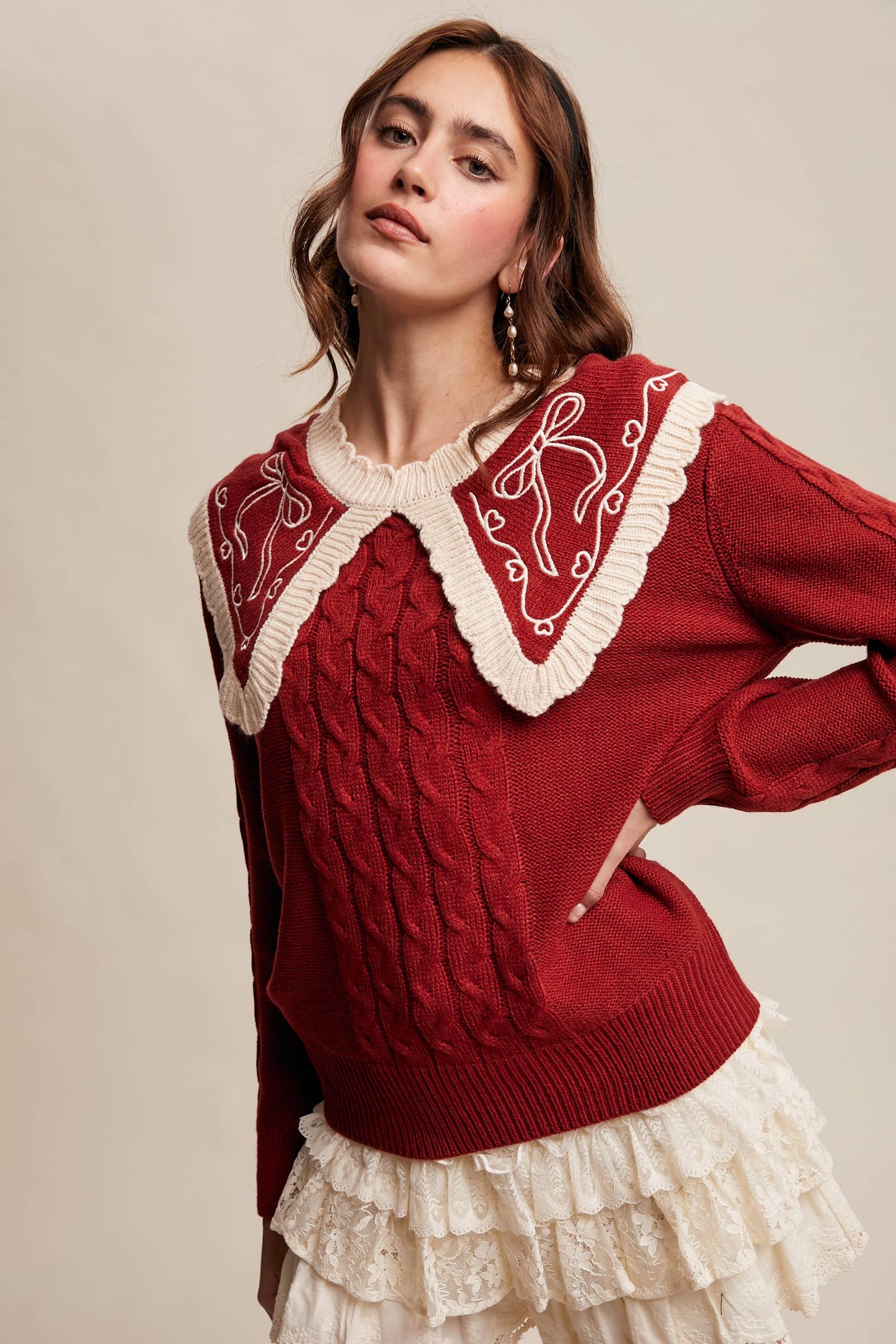 Bow Embroidered Cable Sweater
