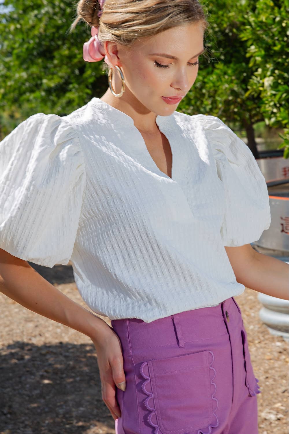 Vanna Split Neck Puff-Sleeve Textured Top