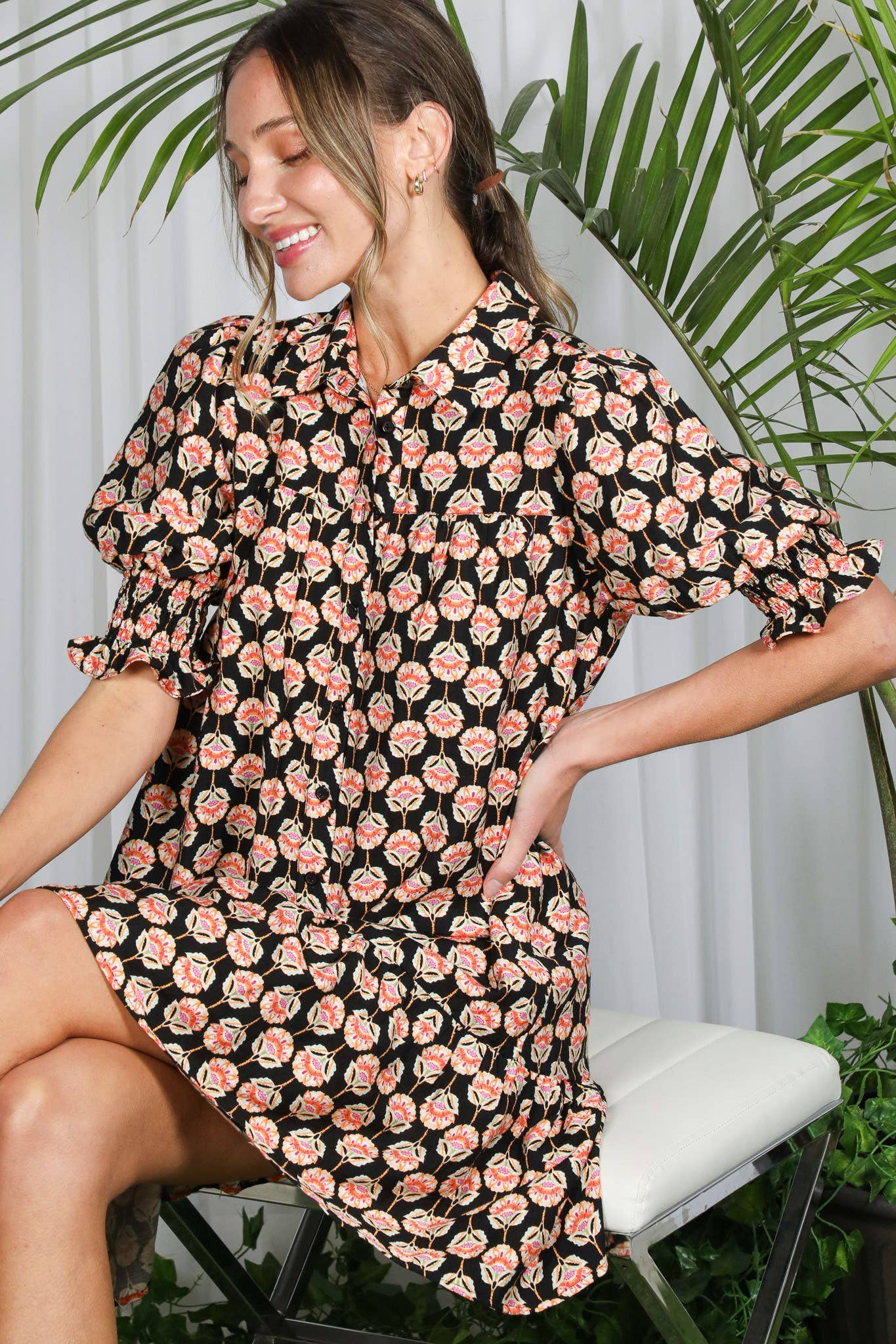 Floral Geo Smocked Ruffled Shirt Dress