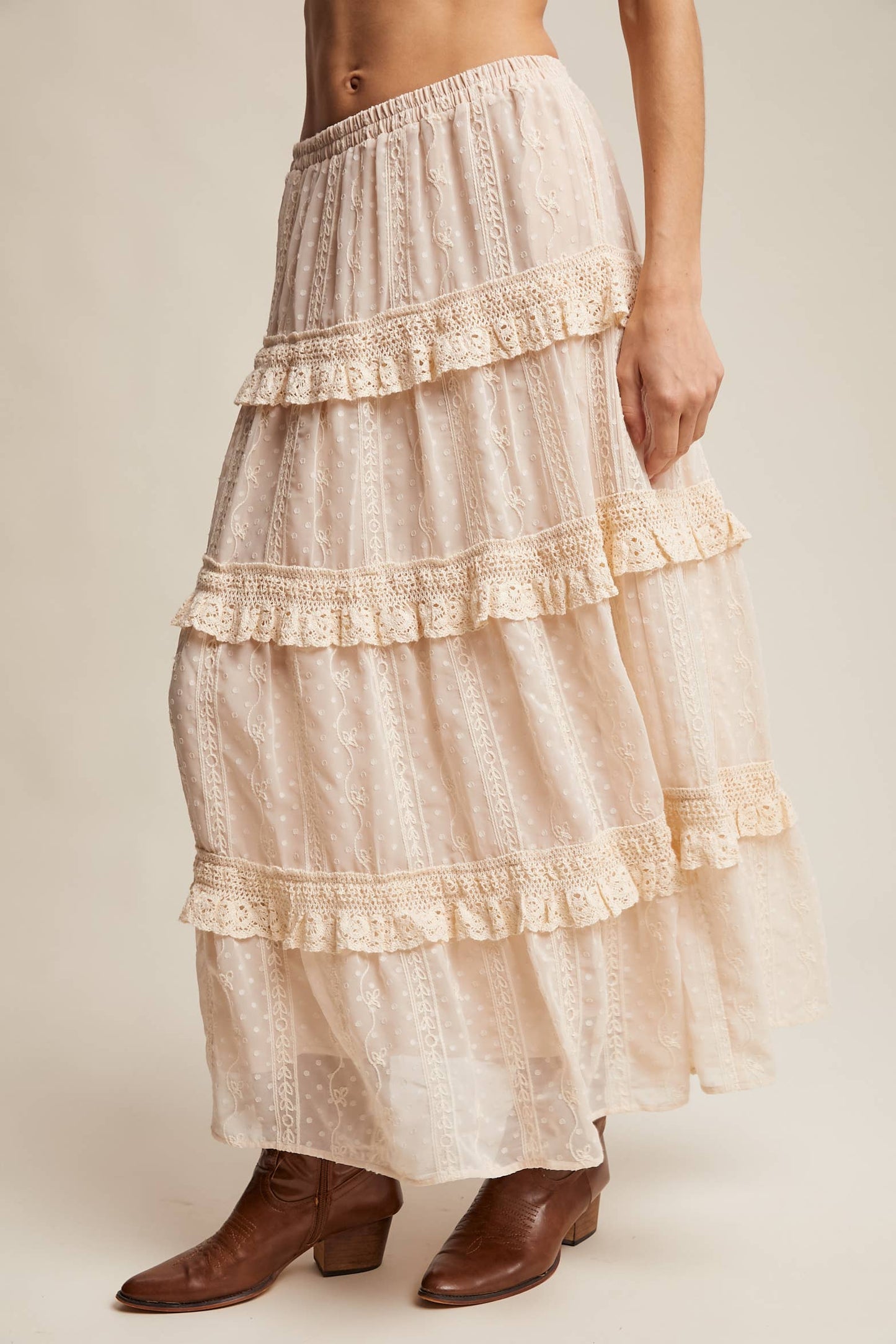 Embroidered Lace Tiered Maxi Skirt