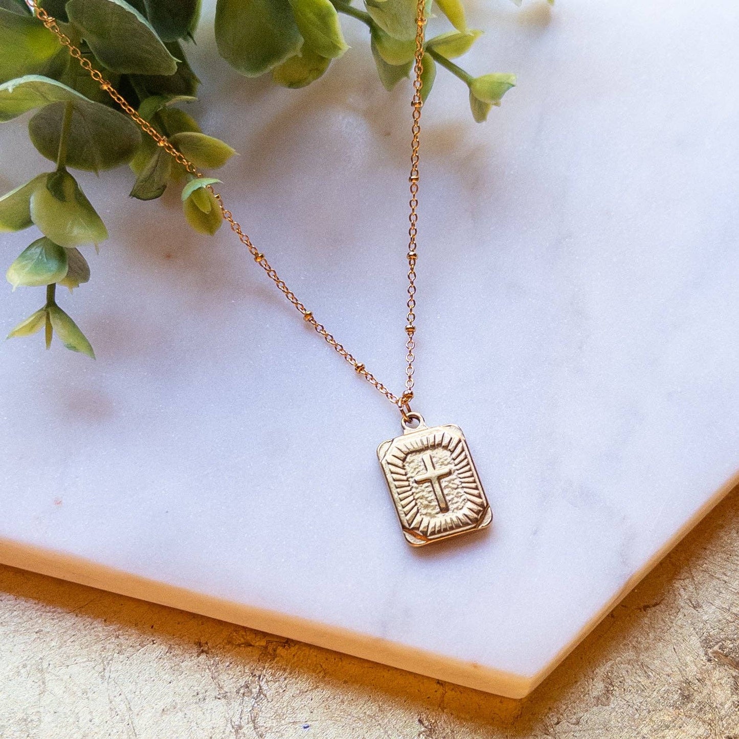 Gold Rectangle Cross Pendant with Beaded Chain