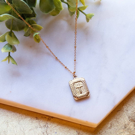 Gold Rectangle Cross Pendant with Beaded Chain