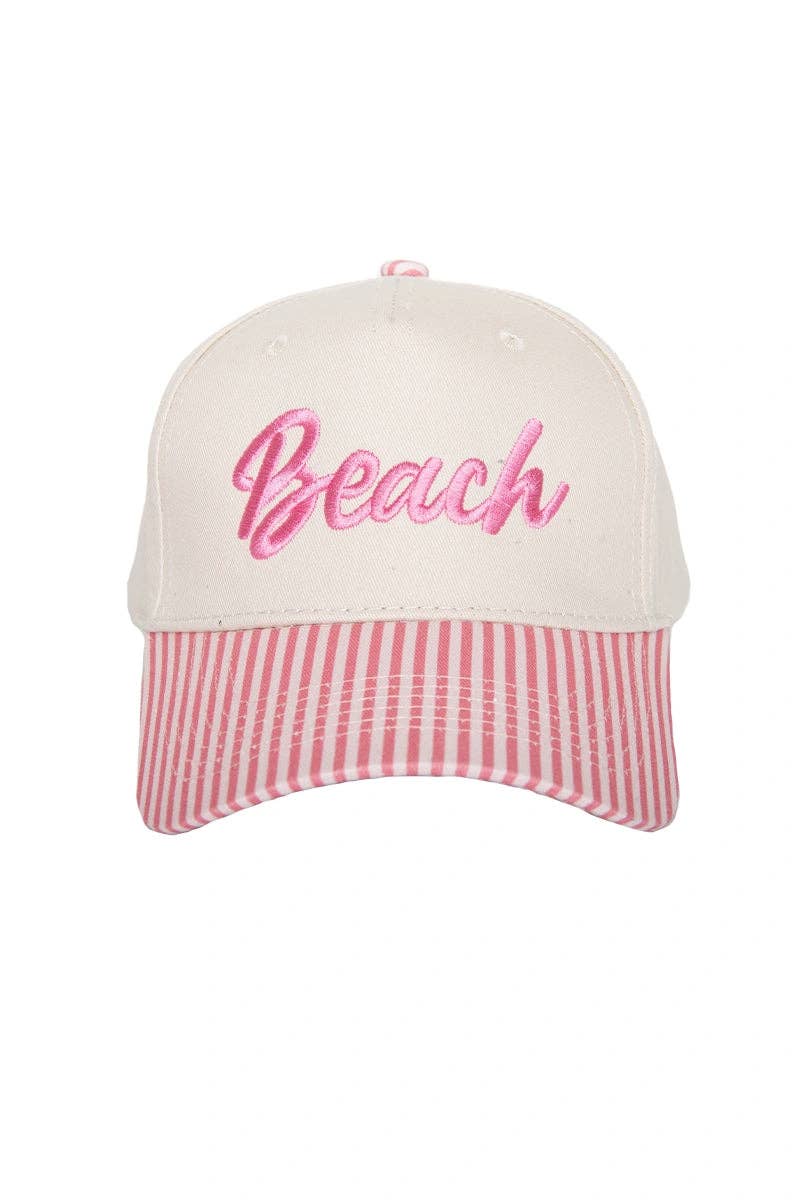 Beach Cursive Two-Toned Trucker Hats: Pink and Light Pink Stripe