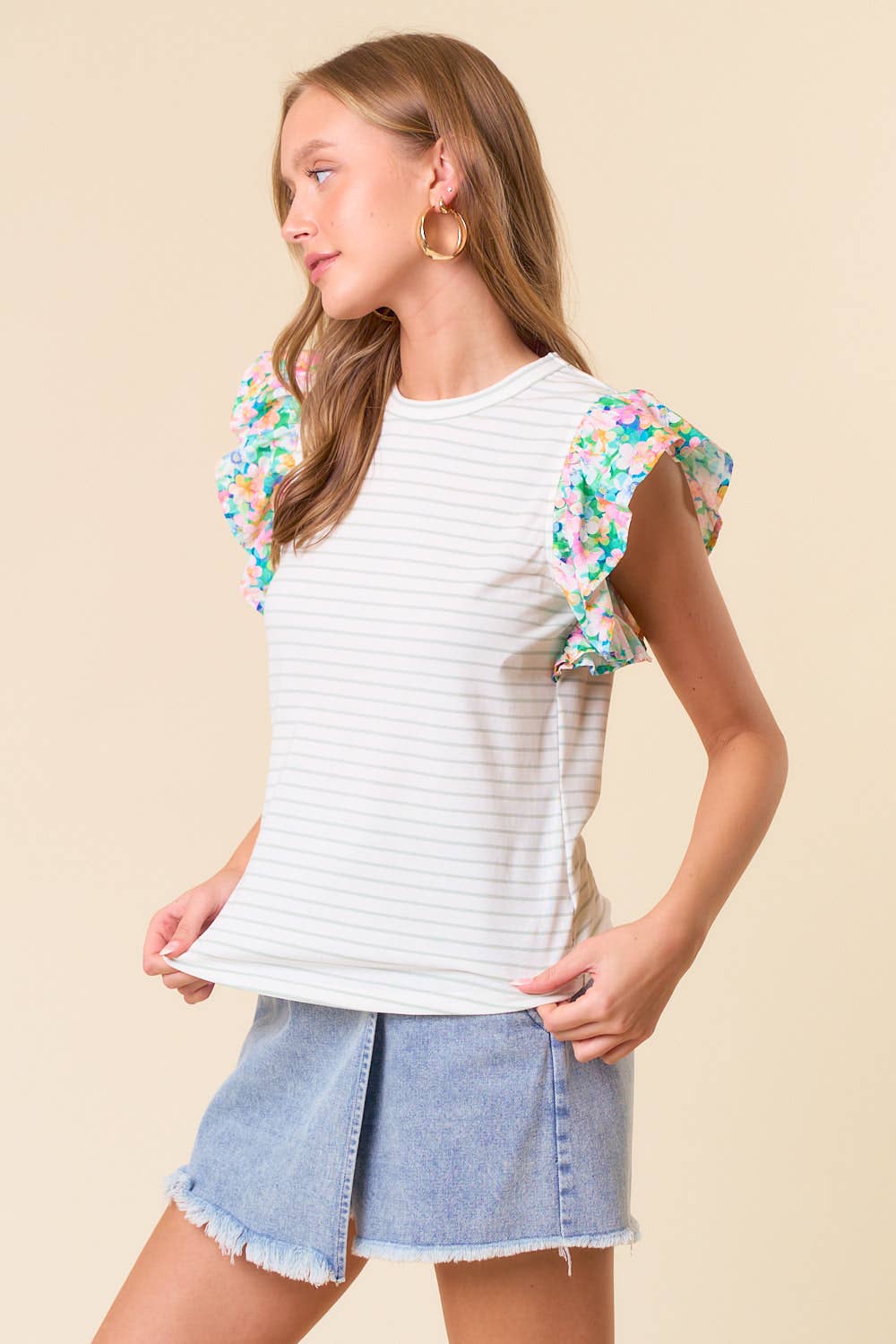 Daphne Ruffle Cap Sleeve Stripe & Floral Mixed Top