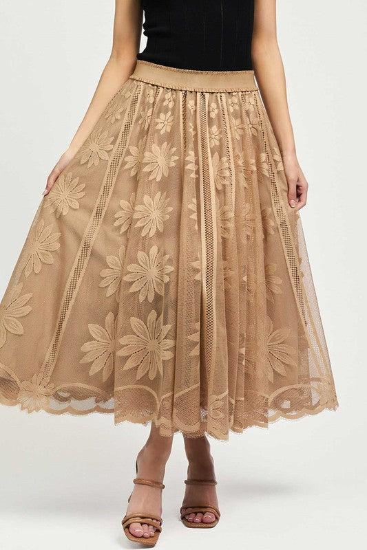 Floral Embroidered Lace Midi Skirt